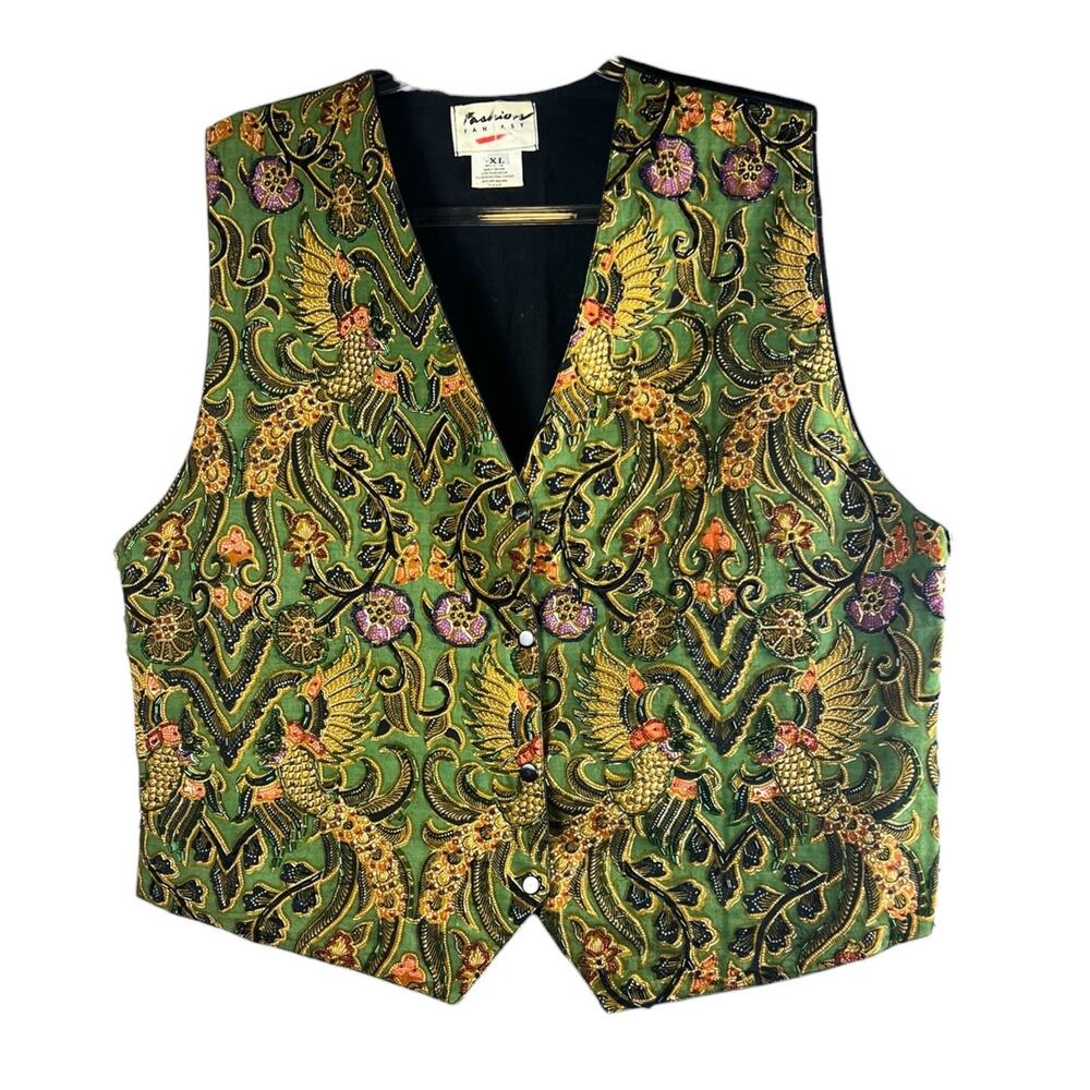 Vintage 90s Fashion Fantasy Embroidered Beaded Vest Green Boho XL - Picture 2 of 5